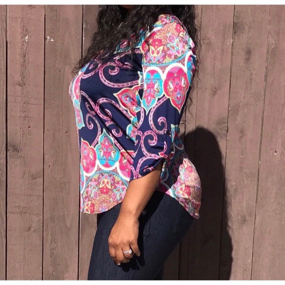 Women’s Boho Navy Pink And Teal Paisley Tunic Top Size Large - Picture 6 of 8